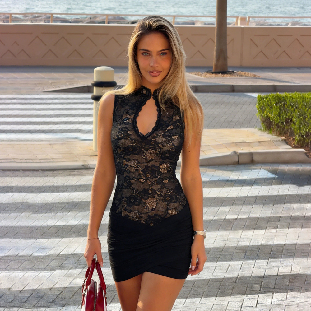 Zara New Lace Patchwork Ruched Bodycon Mini Dress Teardrop Neckline Cutout